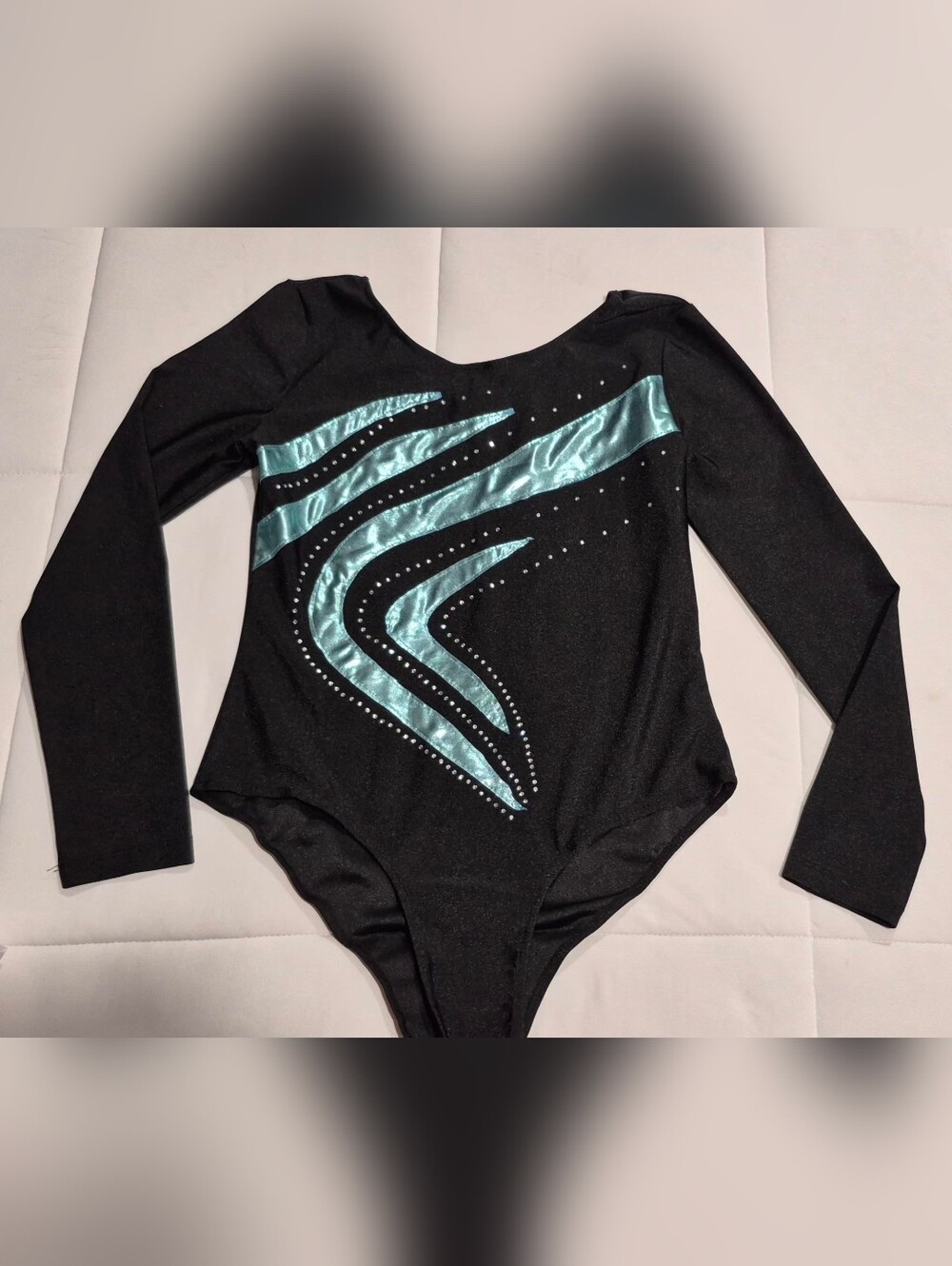 Girls Black Long-Sleeve Gymnastics Leotard with Shiny Teal Accents ( Box B)
